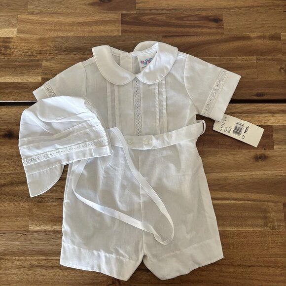 Vintage Baby Alexis Romper + Bonnet Hat Christening Baptism Dressy Outfit 12 Mo - Picture 1 of 16